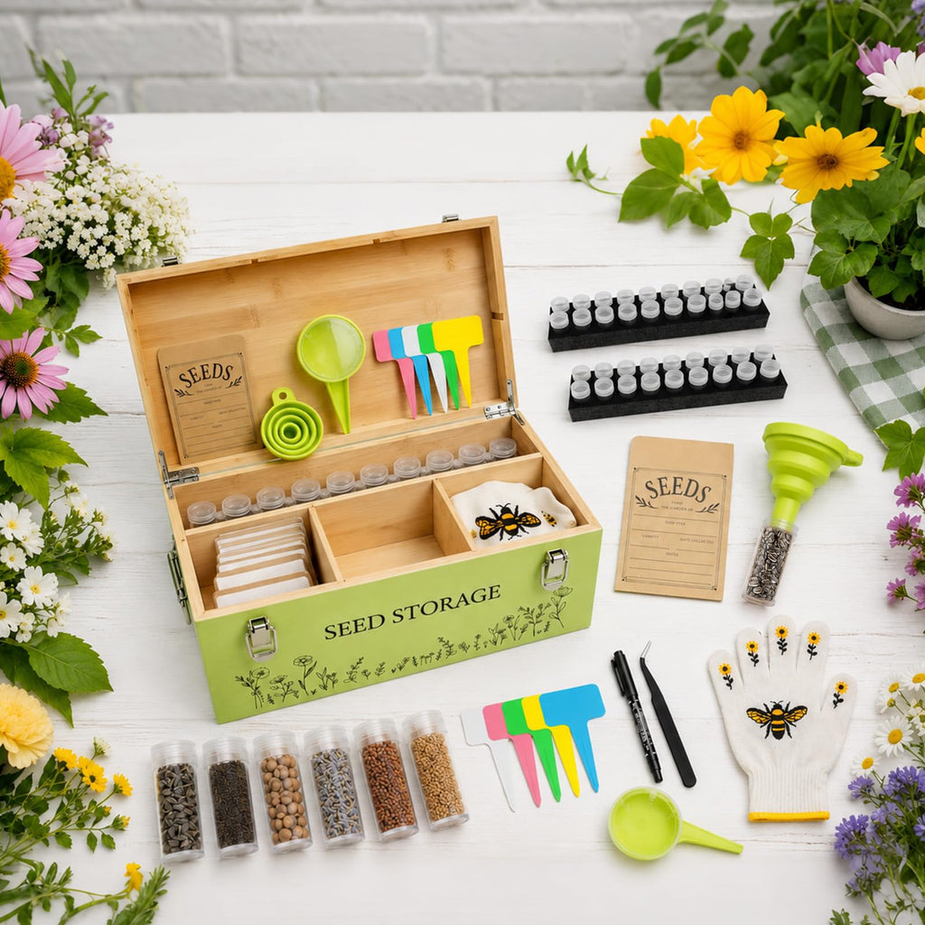 Fayoo Wooden Seed Storage Organizer Box with 40 Seed Vials & 20 Envelopes, Rustic Seed Saving Kit for Vegetable, Flower Seeds, Decorative Garden Seed Storage Container, Gardening Gifts for Women