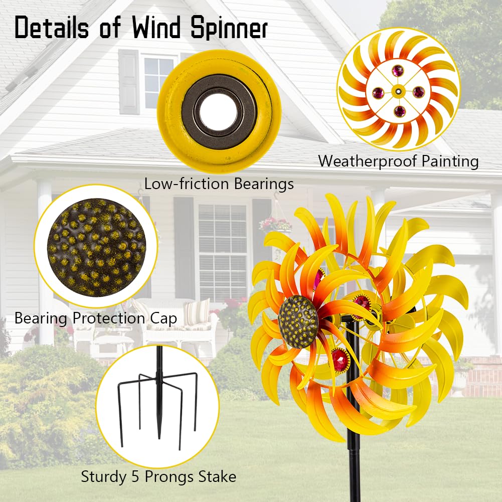 VEWOSTAR 13Inch Metal Sunflower Wind Spinner Outdoor Decor with Stake