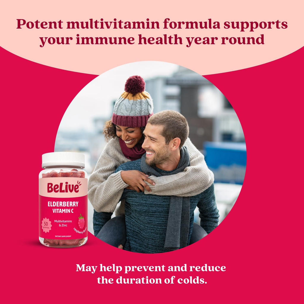 BeLive Elderberry Gummies with Vitamin C, D3 and Zinc - Multivitamin Supplement for Immune Health Support for Kids & Adults - 50 Count - Raspberry Flavor