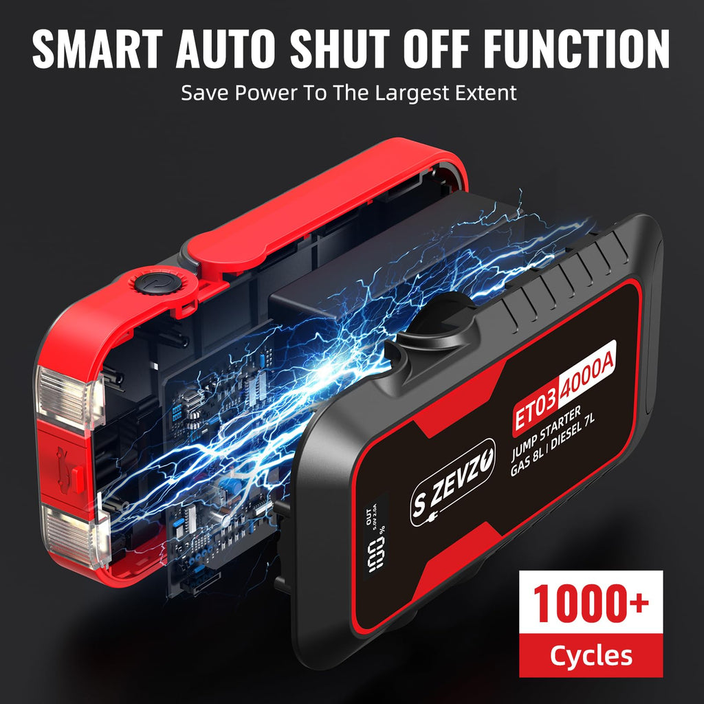 S ZEVZO ET03 Car Jump Starter 4000A Jump Starter Battery Pack for Up to 8.0L Gas and 7.0L Diesel Engines, 74Wh Portable 12V Jump Box with USB Ports, LCD Display, Storage Case, and LED Light