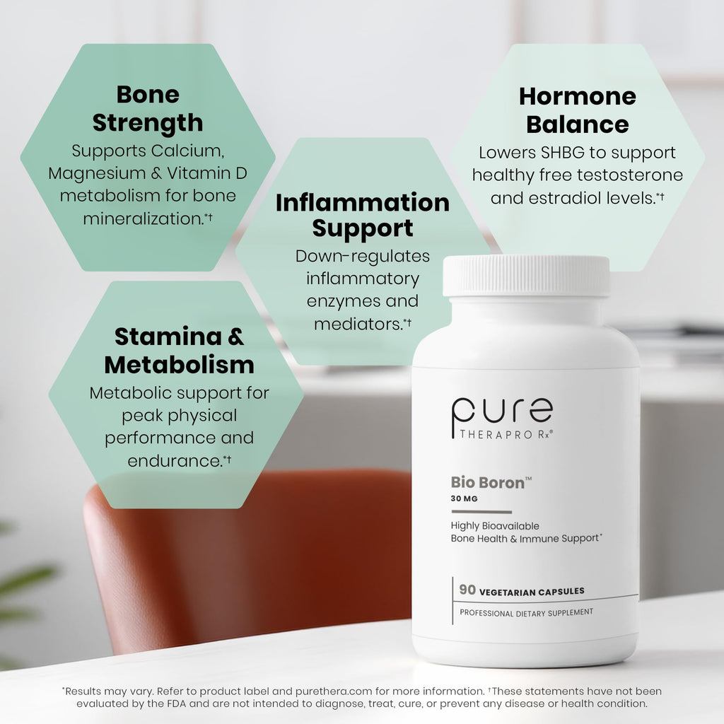Pure TheraPro Rx Bio Boron, 30mg/Capsule, 90 Capsules, Bororganic Glycine Boron Supplements for Men & Women, Vegan Mineral Supplements for Bones, Cardiovascular Function & Immunity Support