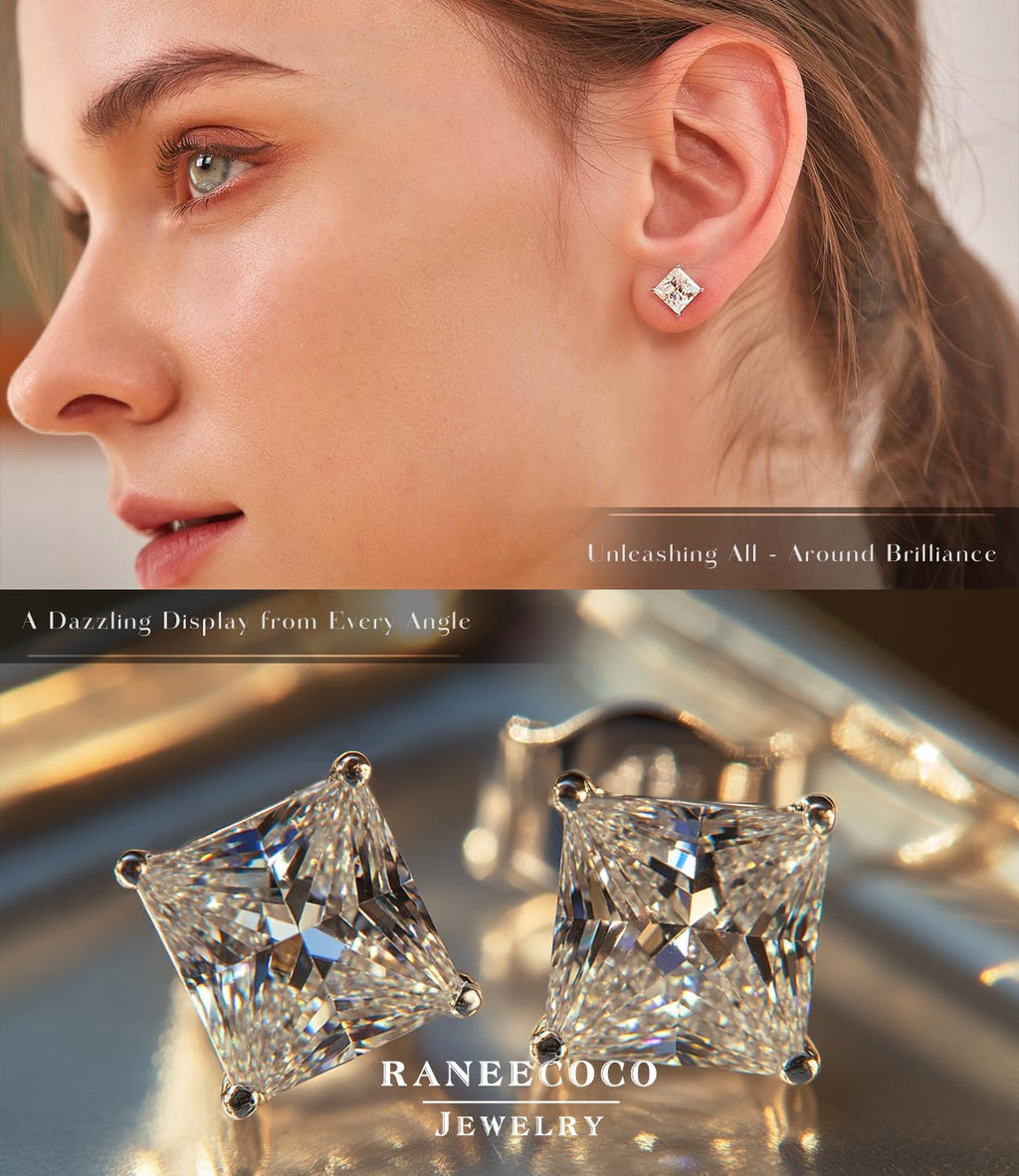 ”STUNNING FLAME“ 18K Gold Plated Sterling Silver Princess Cut Cubic Zirconia Stud Earrings for men women(w-7)