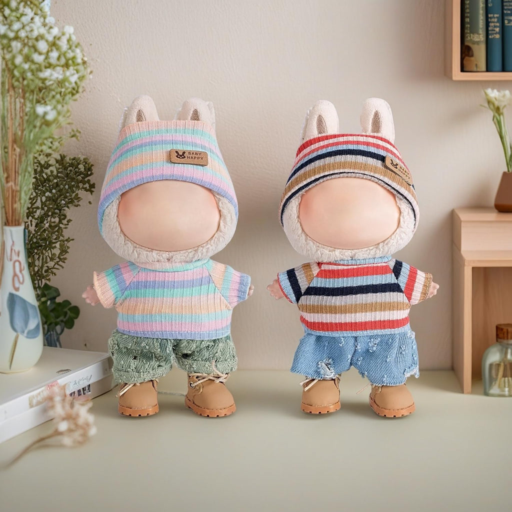 4-Piece Handcrafted 15cm/17cm Doll Clothes for Labubu (No Doll), Cute and Crochet Colorful Rainbow Outfits with Accessories, Hand Crocheted Hat, Sweaters, Blue Pants, Camera Bag for Girls Boys AK072