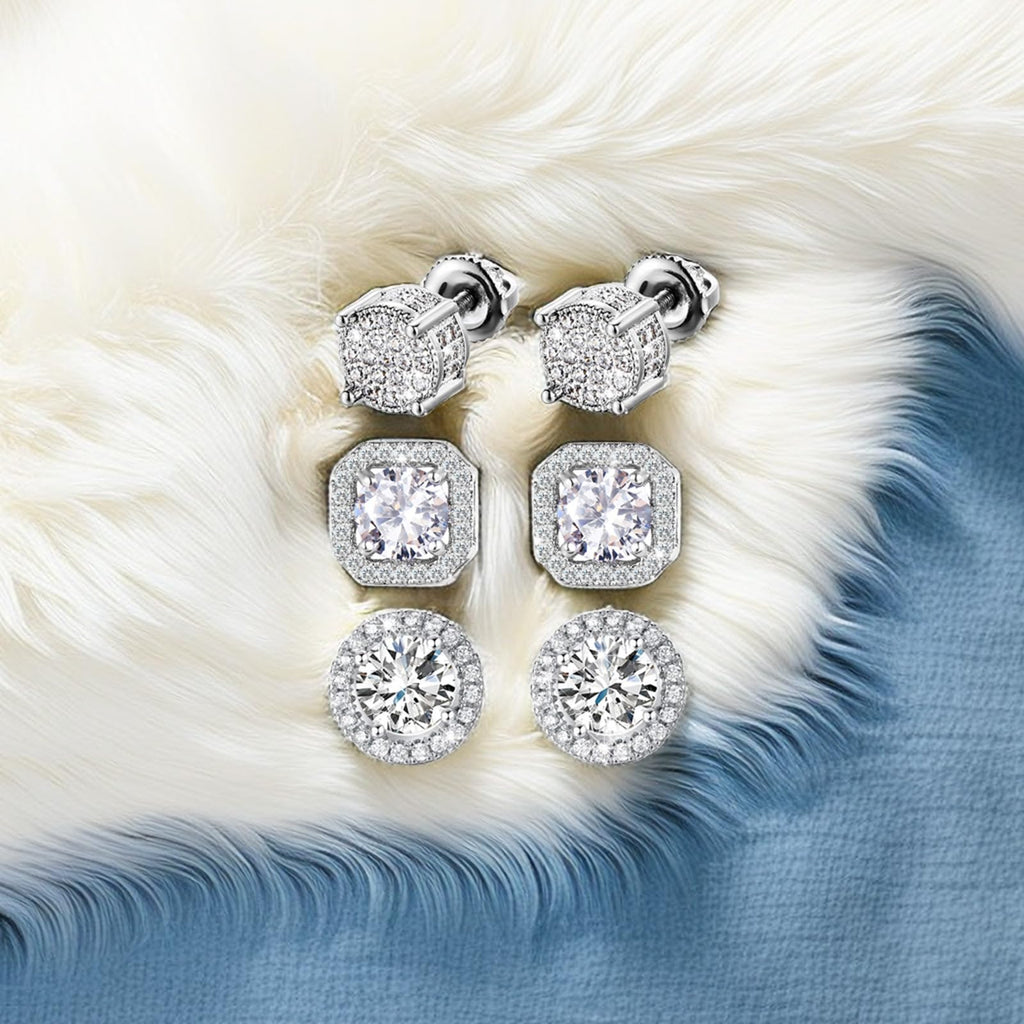 Stud Earrings for Men,18K White Gold Plated Round Square Cubic Zirconia Hypoallergenic Studs Earrings Set for Women (3 Pairs-A+B+C Silver)