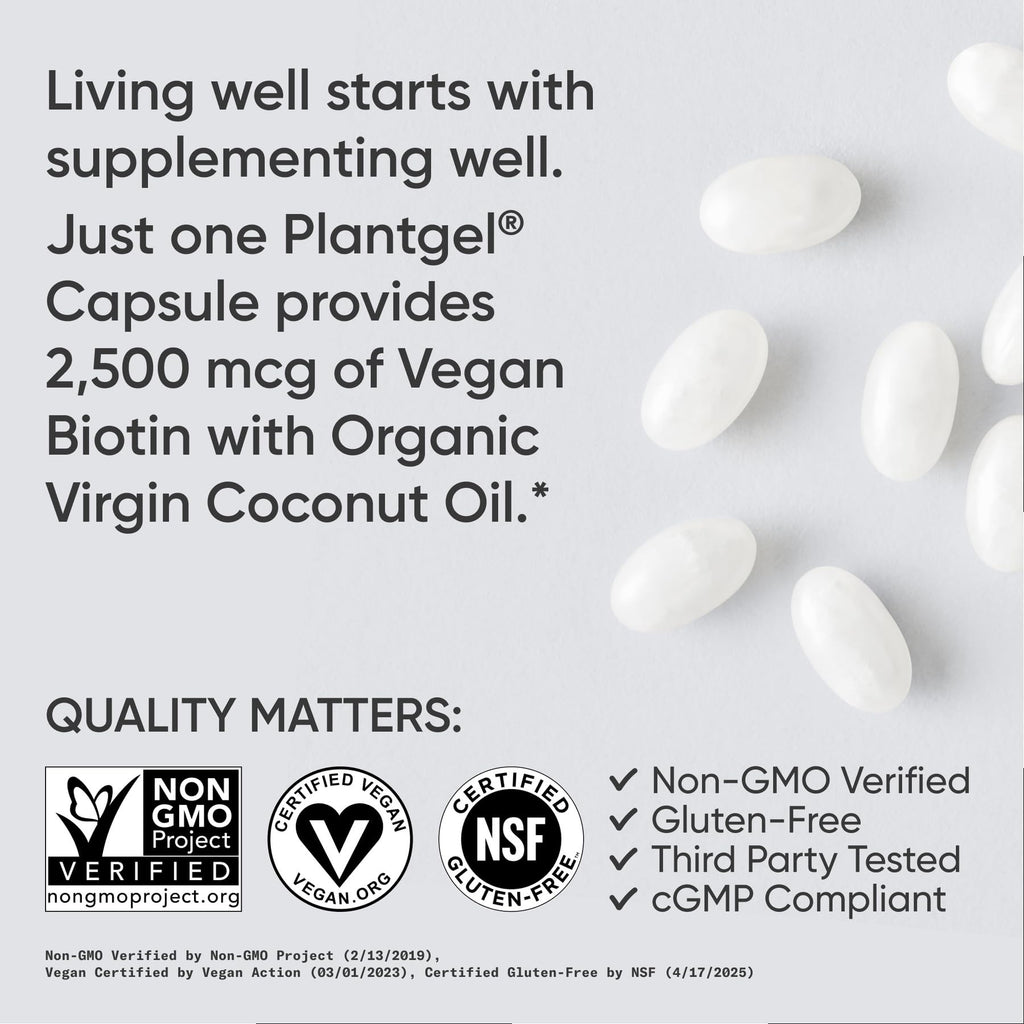 Sports Research® Biotin 2,500mcg with Organic Coconut Oil - Biotin (Vitamin B7) for Healthy Skin and Hair Support* - for Women and Men - Vegan, Non-GMO, Gluten & Soy-Free - 120 Veggie Softgels