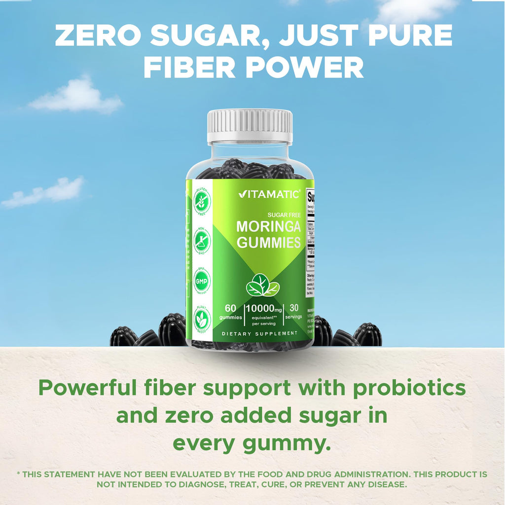 Vitamatic Sugar Free Moringa Gummies – 10,000 mg Equivalent per Serving (from 200 mg of 50:1 Extract) – Green Superfood Supplement – 60 Pectin-Based Vegan Gummies – No Sugar Added (Pack of 2)
