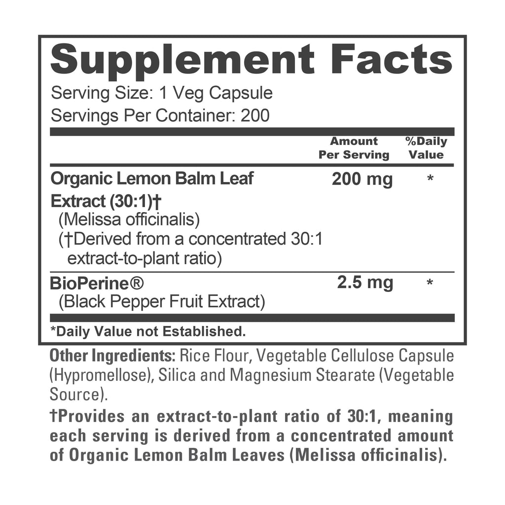 NusaPure Lemon Balm Capsules, 200 mg, 200 Veg Capsules (Non-GMO, Vegan)