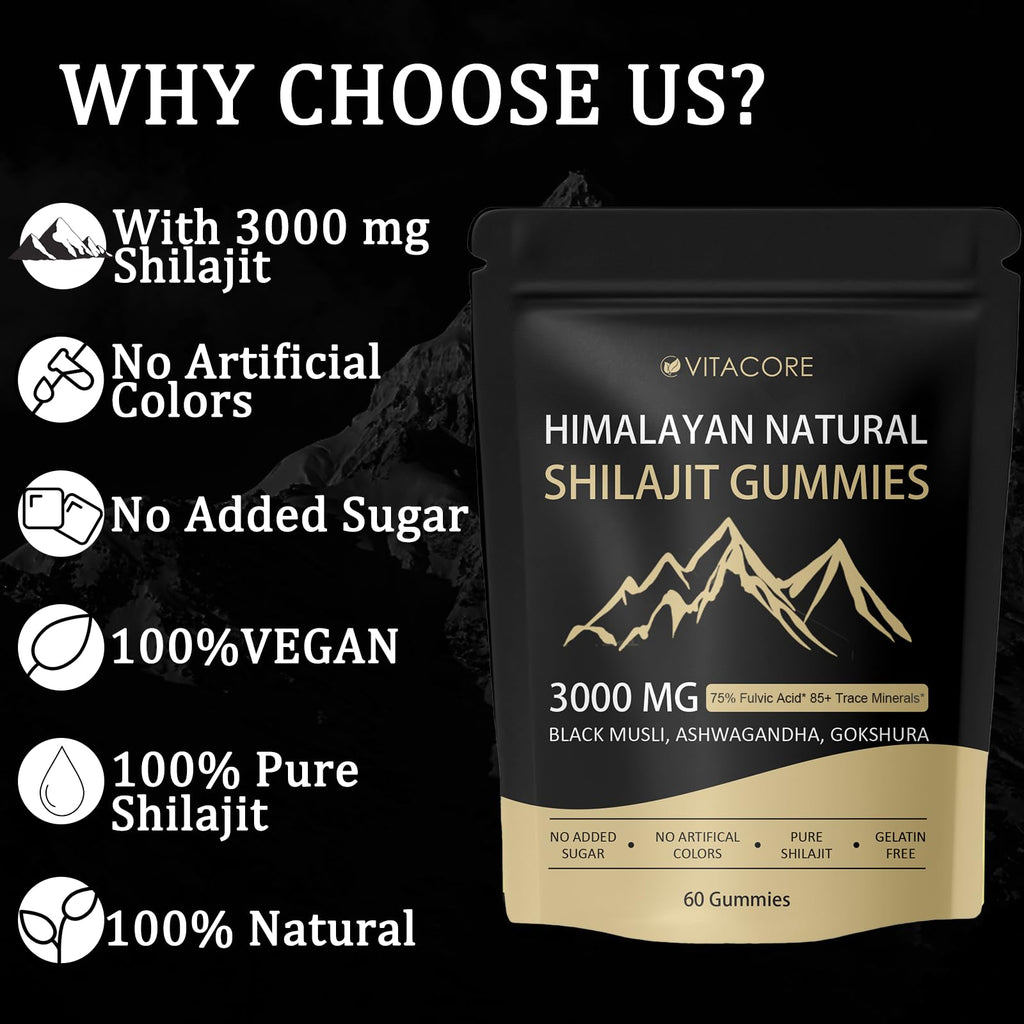 Velvra Cleanse vitacore Himalayan Shilajit Gummies for Men & Women, 85+ Trace Minerals & Fulvic Acid, Gluten-Free, 60 Gummies