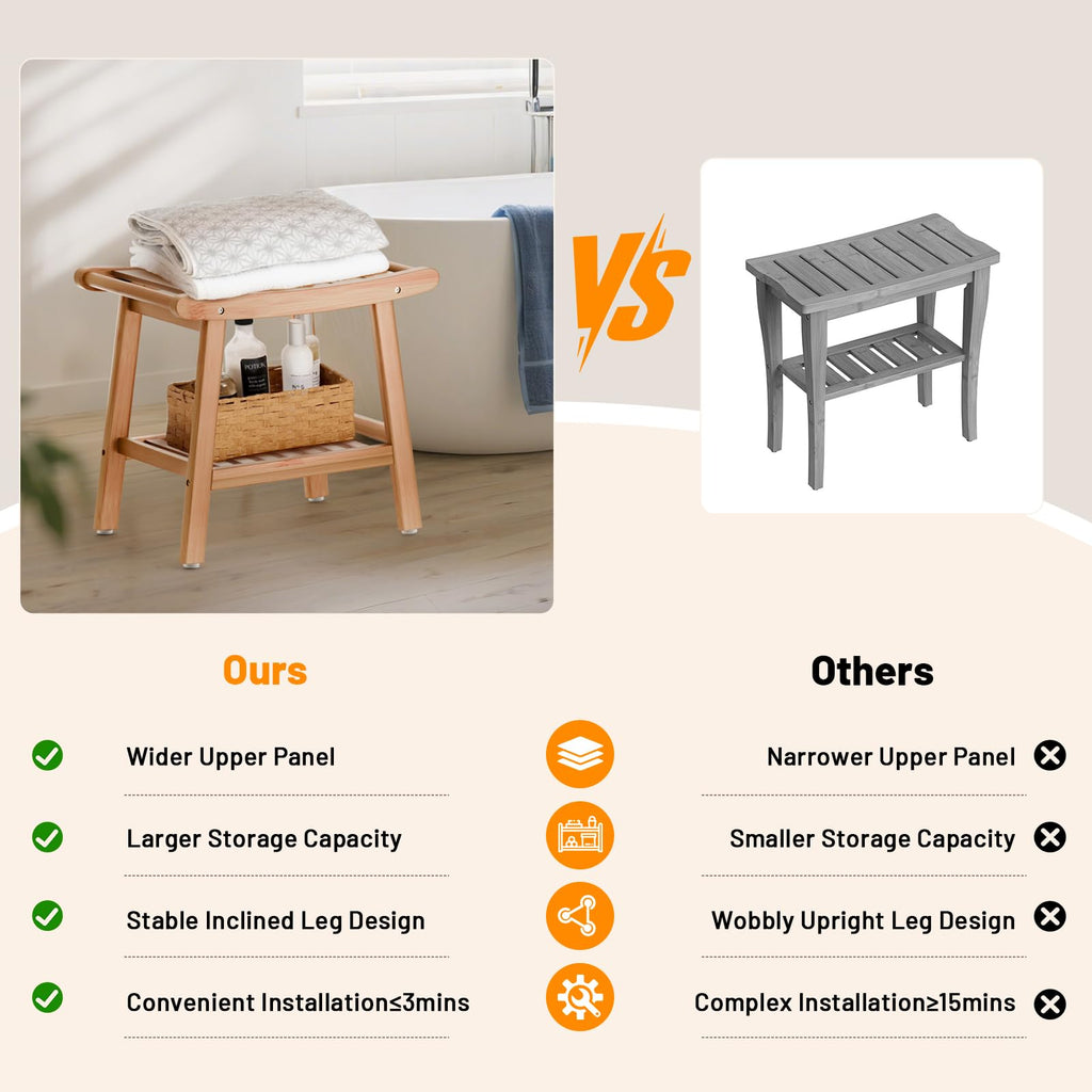 Bamboo Shower Bench for Inside Shower to Sit on,Waterproof Shower Stool for Shaving Legs,Spa Bathroom Shower Chair with Storage Shelf, Bathroom Bench Seat for Senior Adult Disabled Elderly