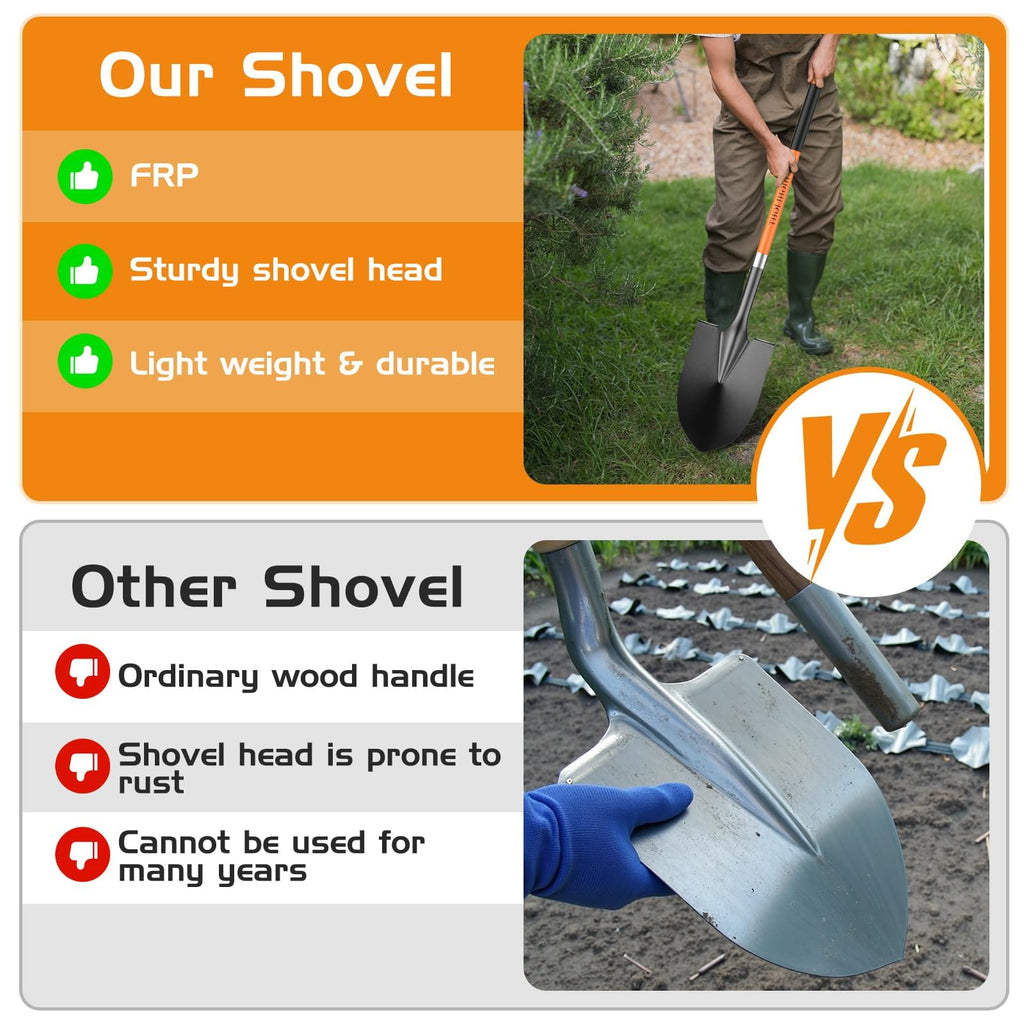 56-Inch Round Point Garden Shovel for Digging, Fiberglass Handle, Orange