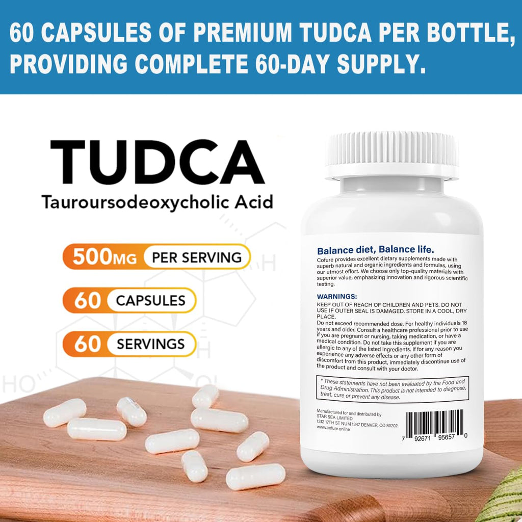 TUDCA 500mg Supplement, Liver and Gallbladder Support, Genuine Purified Bile Salts with Bitter Taste, Vegan, Gluten Free, Non GMO - 60 Capsules
