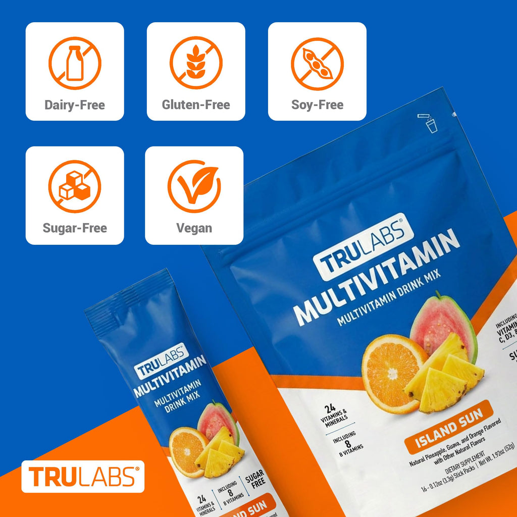 TRULABS Multivitamin Drink Mix – Island Sun Flavor with 24 Vitamins & Minerals, 8 B Vitamins, A, C, D3, E, K2, Sugar Free with Monk Fruit, Dairy Gluten Soy Free, Vegan (16 Stick Packs)
