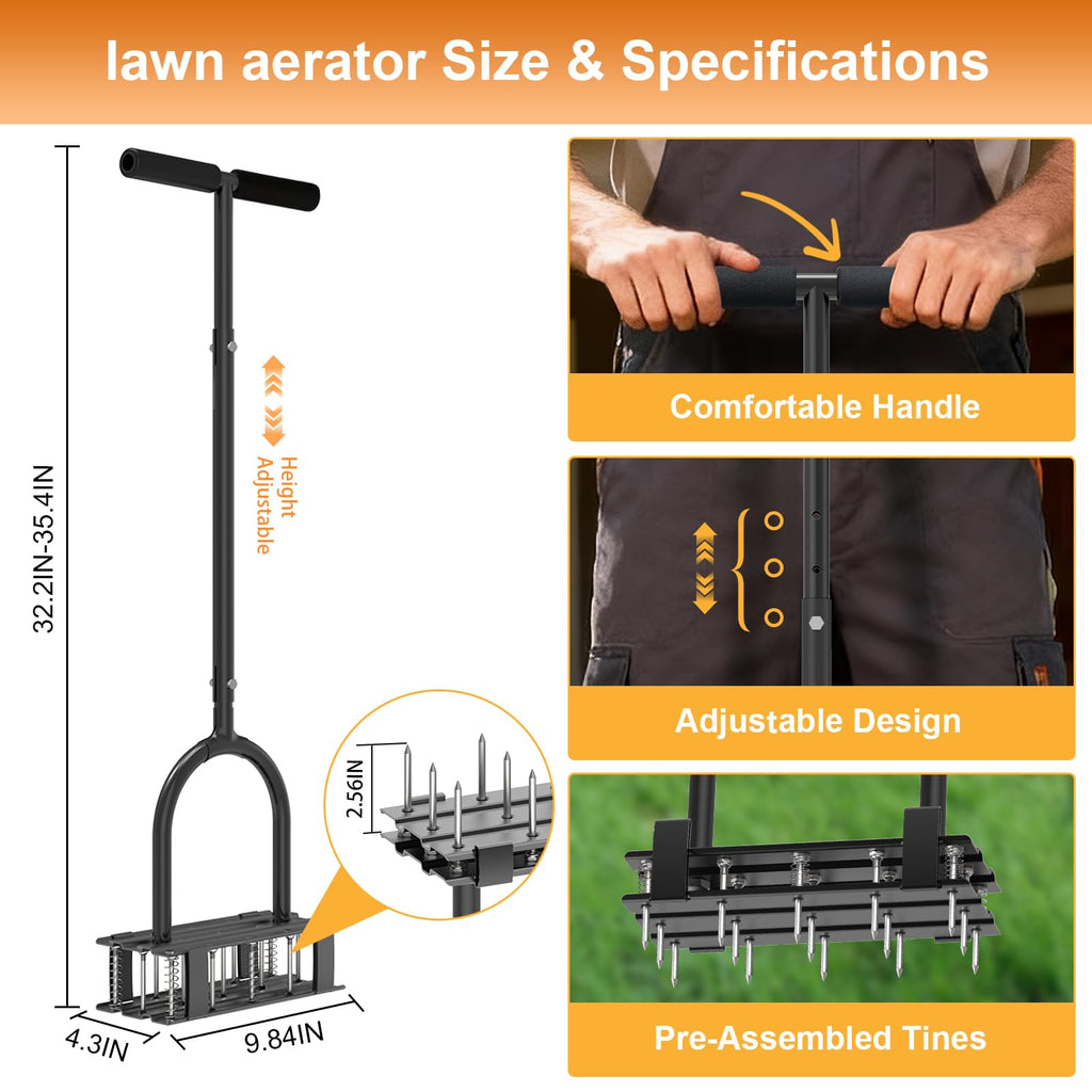 Aerator Lawn Tool - 2-in-1 Reinforced Heavy Duty Manual Lawn Aerator with 15 Spikes, Automatic Dirt and Leaf Clean Design, Adjustable T-Handle (Gloss Black)