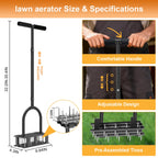 Aerator Lawn Tool - 2-in-1 Reinforced Heavy Duty Manual Lawn Aerator with 15 Spikes, Automatic Dirt and Leaf Clean Design, Adjustable T-Handle (Gloss Black)