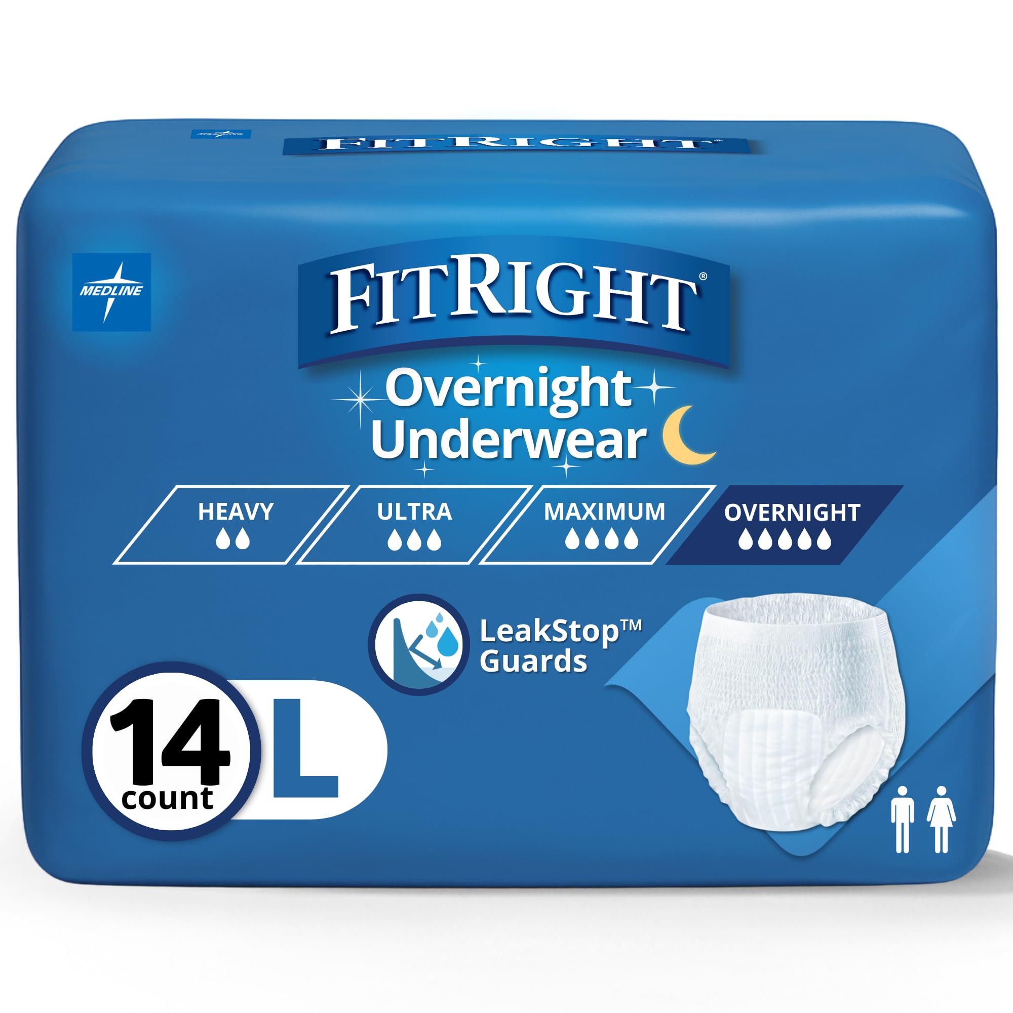FitRight Overnight Unisex Large Underwear, (40-56 in Waist) 14 Count, Maximum All Night Disposable Incontinence Protection, Pull-On Absorbent Underwear for Men and Women, 1 Bag