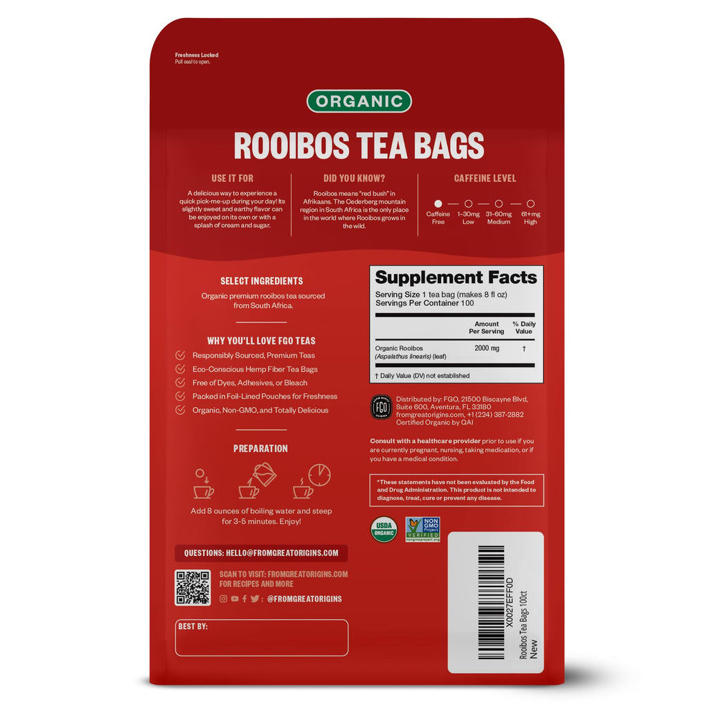 FGO Organic Rooibos Tea, 100 Count, Eco-Conscious Tea Bags, Caffeine Free, Packaging May Vary (Pack of 1)