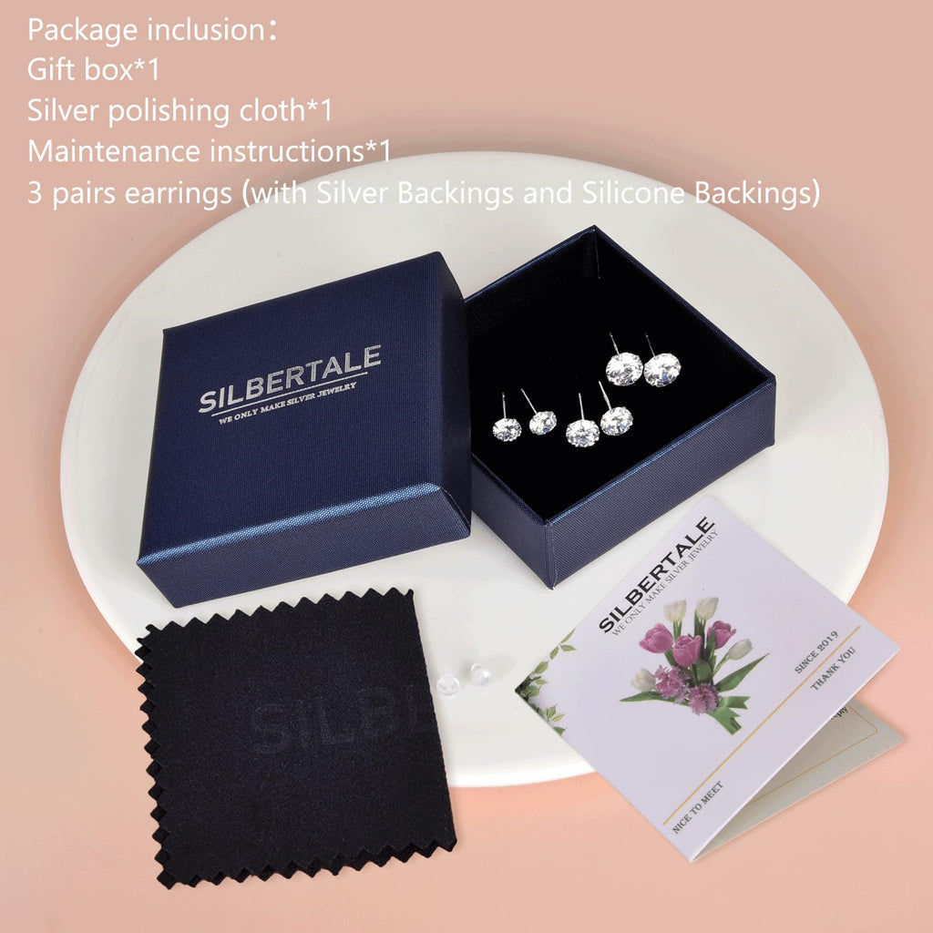 SILBERTALE 3 Pairs 925 Sterling Silver Cubic Zirconia Stud Earrings Set 3-8mm for Men Women