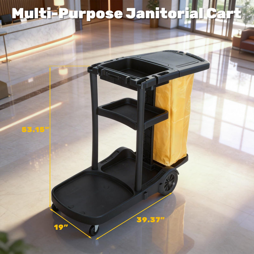 NORTHSKY Janitorial Cart, 3-Shelf Cleaning Carts on Wheels,Commercial Traditional Plastic Housekeeping Cart with 2 Yellow Vinyl Bag and 2 Pair of Rubber Gloves (Classic Black)