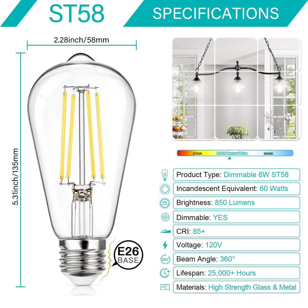 MAXvolador 12-Pack Dimmable Vintage LED Edison Bulb 60W Equivalent, 6W 850Lumens Neutral White 4000K ST58 Antique Filament Light Bulbs, E26 Base