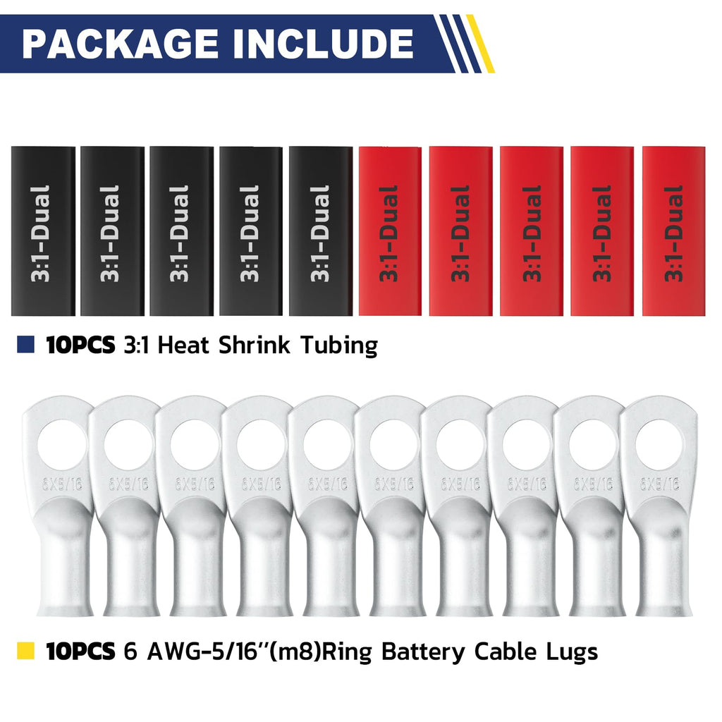 haisstronica 20PCS Battery Cable Lug & Heat Shrink Kit 6 AWG 5/16" (M8)