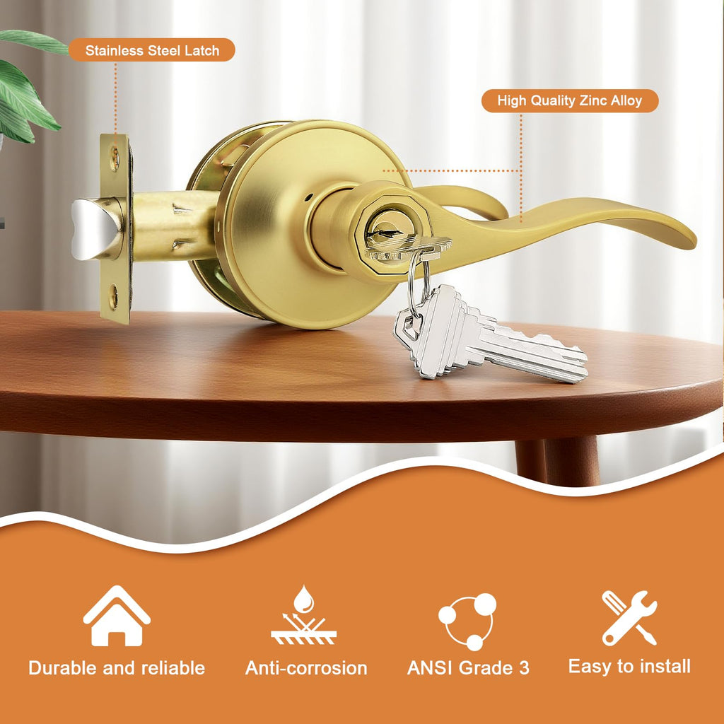 Probrico Brushed Gold Door Handles Front Exterior Door Handles with Lock and Keys, Keyed Alike Gold Entry Door Lever Wave Style Reversible, 5 Pack
