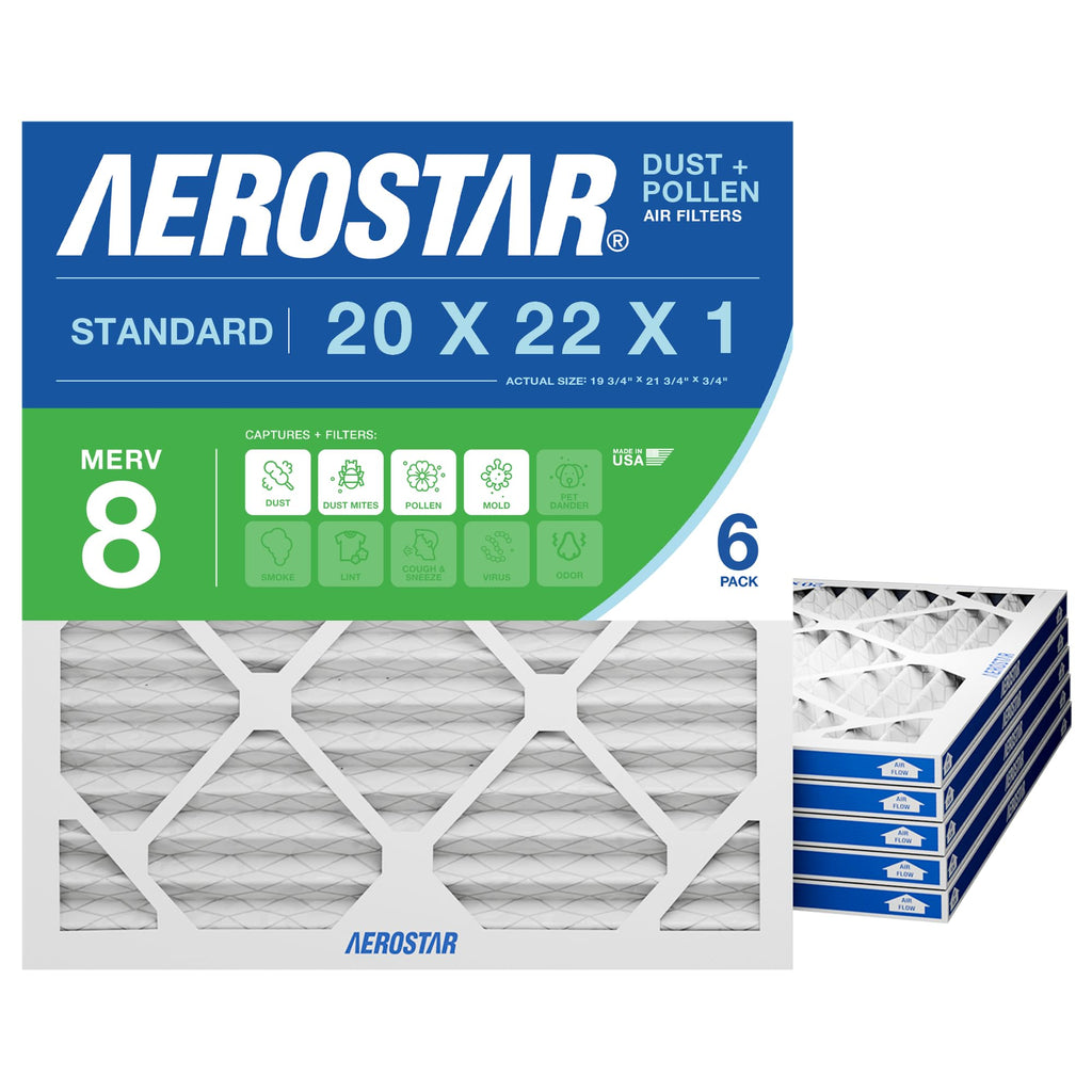 Aerostar 20x22x1 MERV 8 Air Filter, 6 Count, ACTUAL SIZE (19.75 x 21.75 x 0.75), HVAC, Air Conditioning & Furnace Filter Captures Dust, Lint & Pollen (MPR 600 / FPR 5), Made in USA