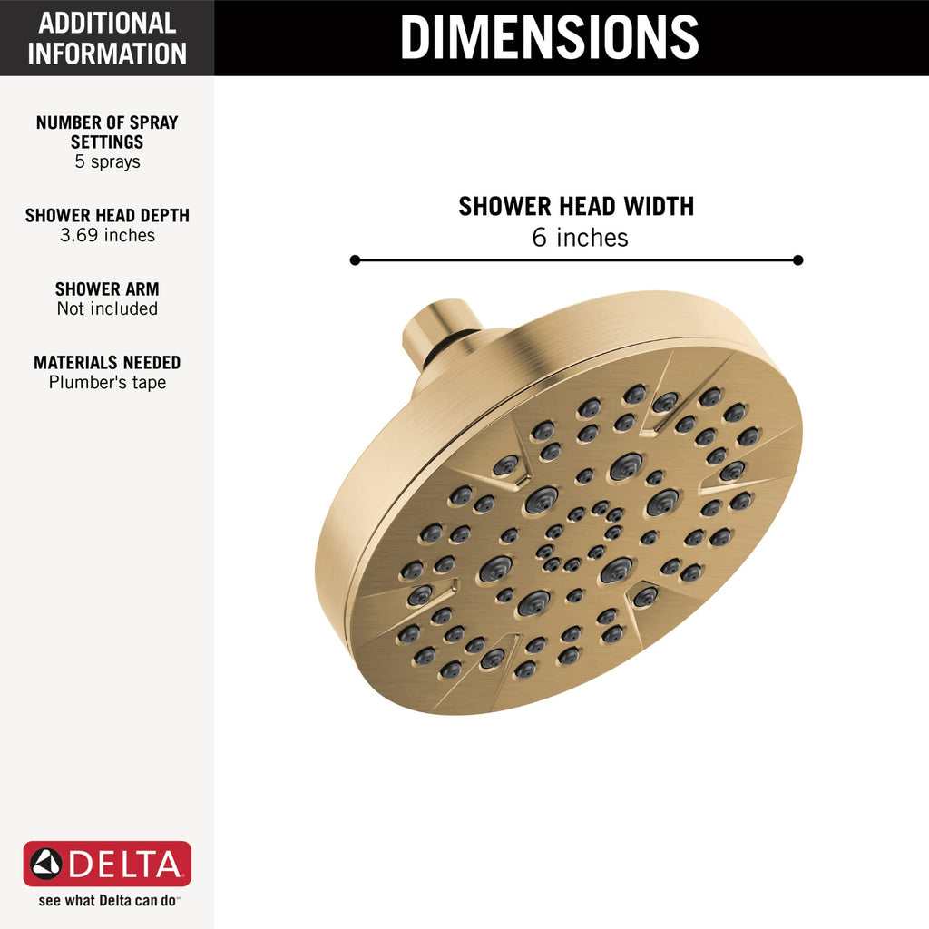 Delta 5-Setting Champagne Bronze Shower Head with High Pressure Spray, 6 Inch Round Shower Head, Showerheads, 1.75 GPM Flow Rate, Champagne Bronze 52535-CZ