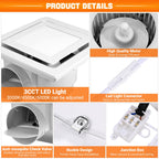 FEITON Square Bathroom Exhaust Fan with LED Light, Adjustable Color Temperature(3000K/4500K/6000K), 110 CFM 30W 4 Inch Duct, 110-220V 1.0 Sones Quiet Bathroom Ventilation Fan Light Combo Ceiling Mount