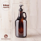 Large Amber Pump Bottle for Salons, Shampoo, Conditioner, Hair Serum, Gel - Half Gallon Glass Jug Pump Dispenser - 64 oz Capacity - Pack of 1- by Kitchentoolz