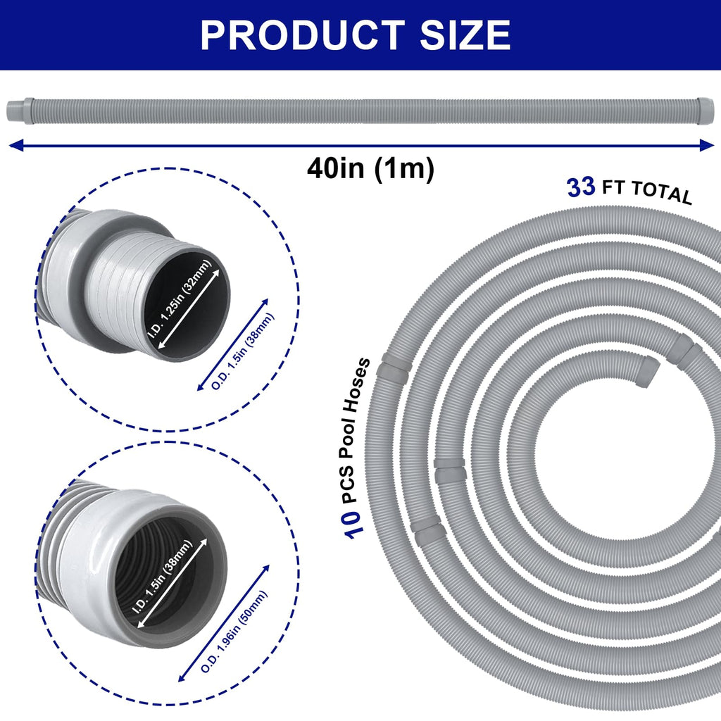 Poolvio Pool Vacuum Hose 33 Feet (10 x 40 Inch), 1.5 Inch Cuffs, Compatible with Most Inground Pool Automatic Cleaners, Gray