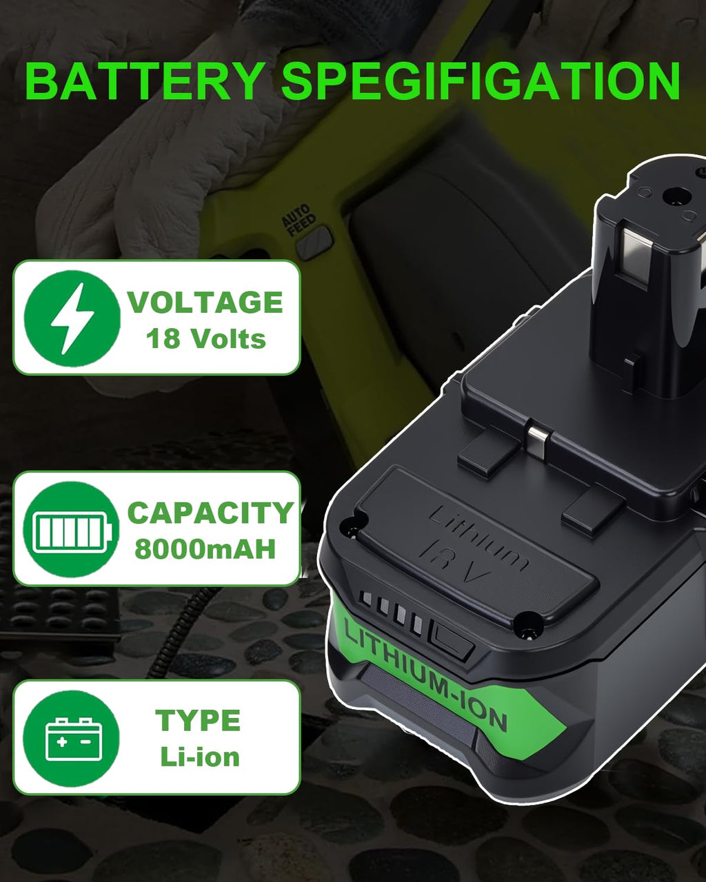Upgrade 8000mAh Replacement for Ryobi 18V Battery High Capacity Li-Ion Batteries , P108 P104 P105 P102 P103 P109 P122 , Compatible with Ryobi 18V ONE+ System Cordless Power Tools and Charger, 2-Pack