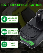 Upgrade 8000mAh Replacement for Ryobi 18V Battery High Capacity Li-Ion Batteries , P108 P104 P105 P102 P103 P109 P122 , Compatible with Ryobi 18V ONE+ System Cordless Power Tools and Charger, 2-Pack