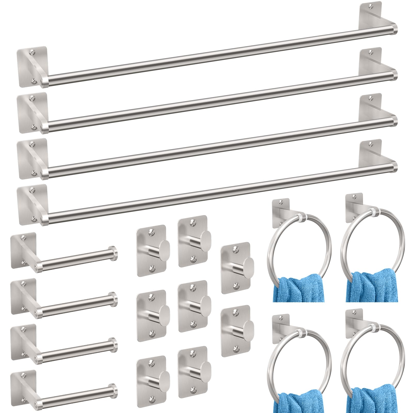 KLJKPA 20 Pieces Bathroom Accessories Set, Brushed Nickel Bathroom Hardware Set, 24 inch Towel Bar, Towel Racks for Bathroom, Robe Towel Hooks, Toilet Paper Holder Wall Mounted