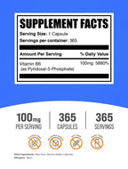 BulkSupplements.com Pyridoxal 5 Phosphate Capsules - P5P Supplement, Vitamin B6 Supplement - Essential & Gluten Free, 1 Capsule per Serving, 100mg Serving, 365 Count (Pack of 1)