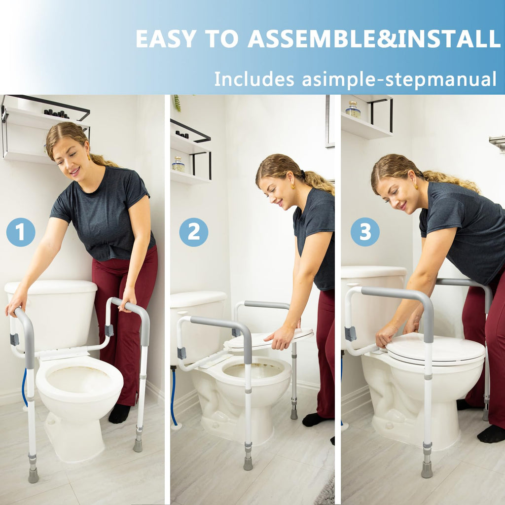 WeHwupe Toilet Safety Rails for Elderly Adults - Adjustable Bathroom Toilet Safety Frame with Handles - Stand Alone Toilet Grab Bar for Senior, Handicap & Disabled,Fits Most Toilets, White, TRX-8002