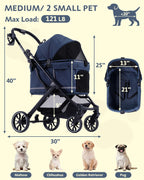 Dog Stroller with Waterproof Rain Cover, Heavy-Duty All-Terrain 4-Wheel Pet Stroller with Adjustable Sunshade Canopy, Foldable Travel Dog Strollers for Small/Medium Dogs Up to 121 lbs