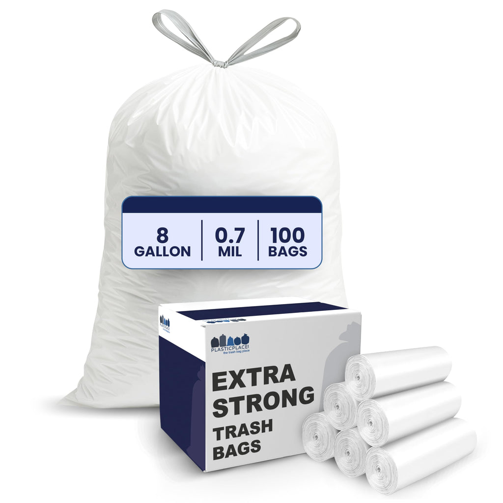 Plasticplace 8 Gallon Trash Bags: Premium White Drawstring Garbage Bag, 0.7 Mil Thickness, Durable Trash Can Liners, Garbage Bags for your Trash Can, Ring Size 22" x 22" (Pack of 100)