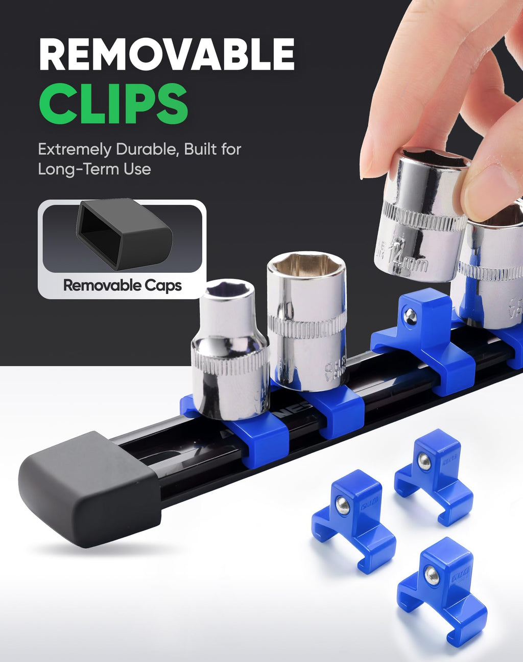 ALOANES 3PC ABS Socket Organizer, Socket Rails Fit 1/4 inch Drive, Heavy Duty Socket Holders Hold up to 48 Sockets, Black Rails with Blue Clips