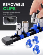 ALOANES 3PC ABS Socket Organizer, Socket Rails Fit 1/4 inch Drive, Heavy Duty Socket Holders Hold up to 48 Sockets, Black Rails with Blue Clips
