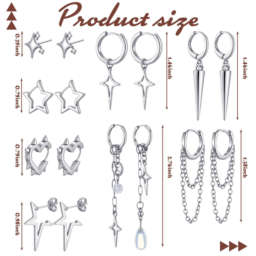 Quelay 8 Pairs Dangle Hoop Earrings for Men Women Punk Y2k Goth Gothic Tassel Chain Drop Star Moon Stud Huggie Earrings Gift(Star Style,Silver)