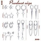 Quelay 8 Pairs Dangle Hoop Earrings for Men Women Punk Y2k Goth Gothic Tassel Chain Drop Star Moon Stud Huggie Earrings Gift(Star Style,Silver)