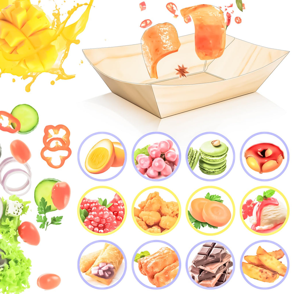 MotBach 200 Pack Wood Grain 1/2Lb Paper Food Boat Trays Disposable Small Paper Boats Plates Containers, 0.5Lb Mini Kraft Food Serving Tray Boat Basket Bowl for Snack Fries Dessert Popcorn Taco Nacho