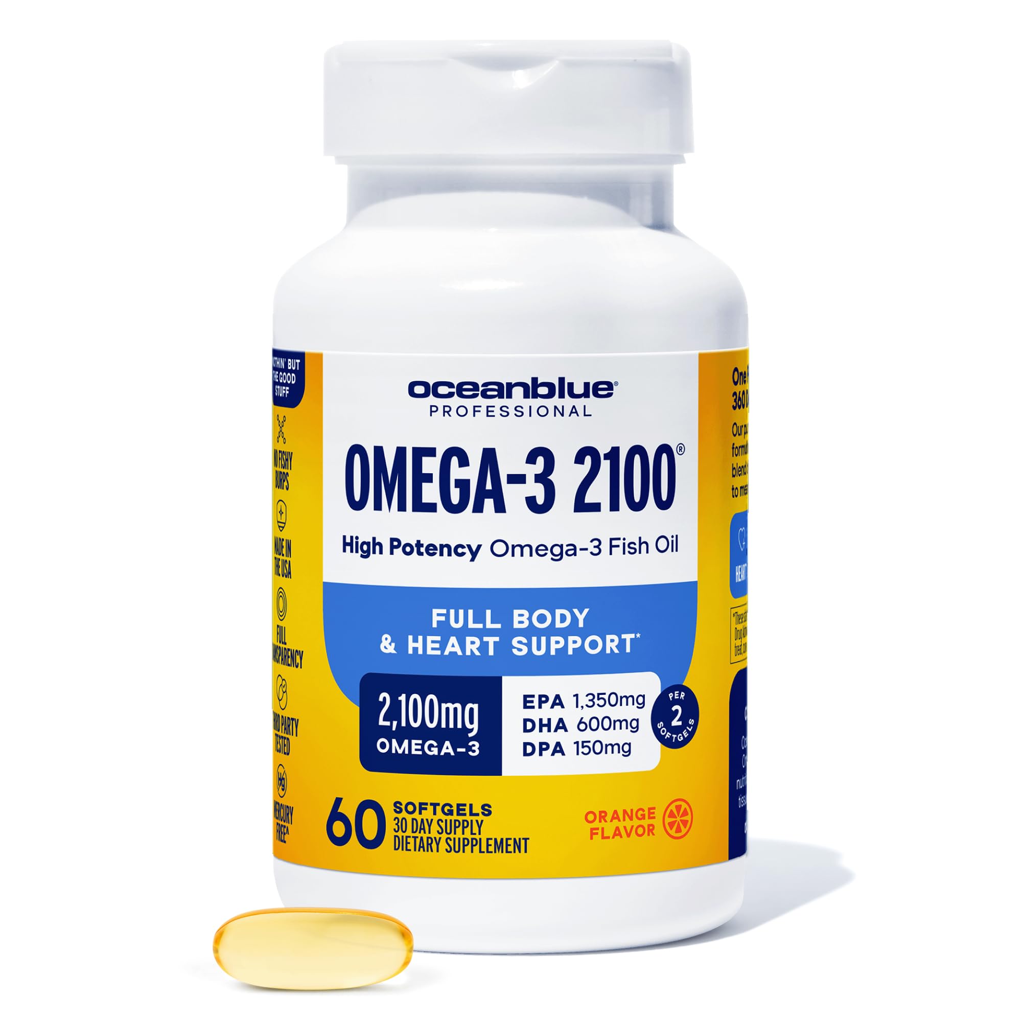 Oceanblue Professional Omega-3 2100mg Fish Oil Supplement – Triple Strength, High Potency EPA, DHA & DPA – Burpless, Wild-Caught, Natural Orange Flavor – 60 Count (Pack of 1)