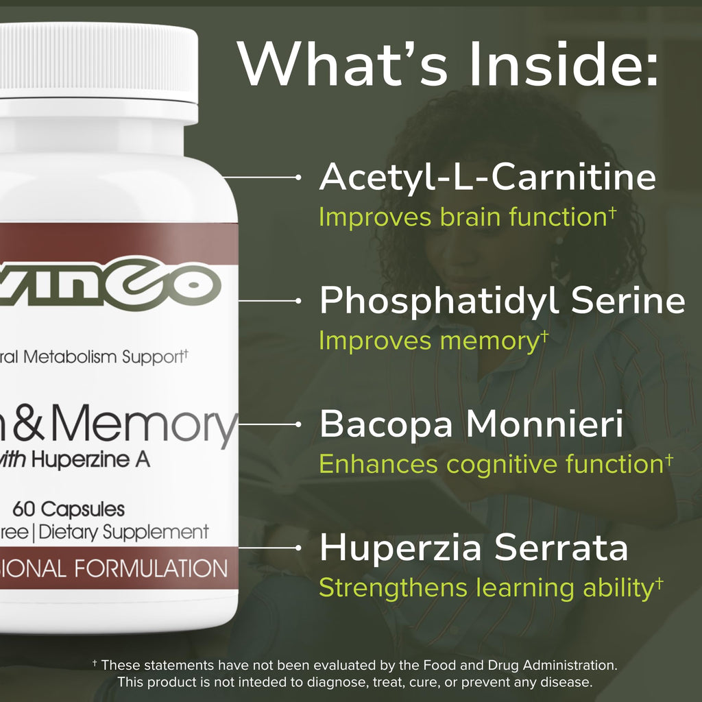 Vinco Inc - Brain & Memory Cognitive Support Daily Supplement | (60 Capsules) | Supports Focus, Memory & Processing | Made w/Amino Acids & Herbal Extracts | Gluten Free