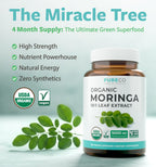 USDA Organic Moringa Capsules - High Potency Organic Moringa 500mg Extract 10:1 Per 1 Capsule Serving - Nutrient Dense Green Superfood Antioxidant - Vegan & Non-GMO Moringa (4 Month Supply)