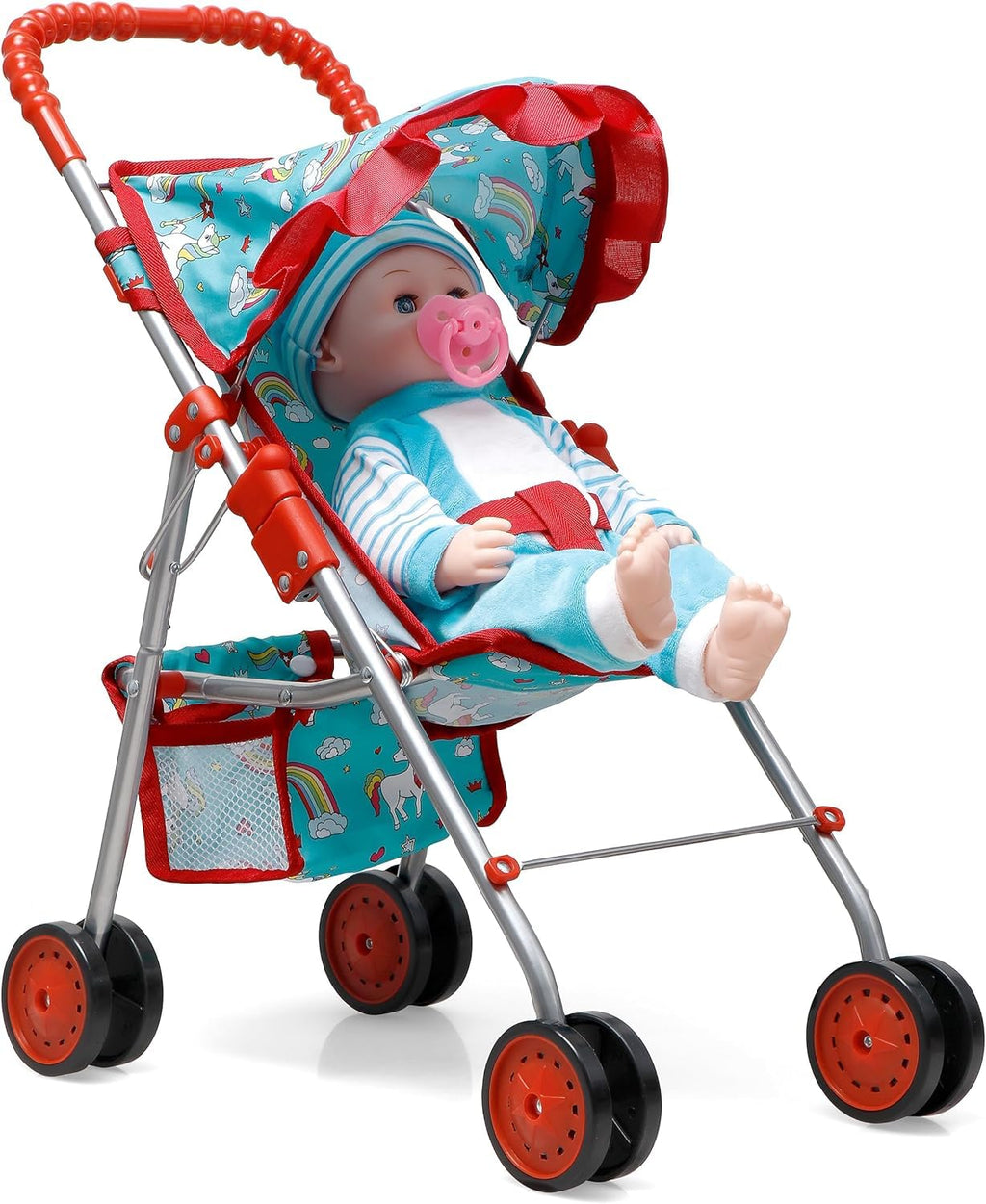 fash n kolor® - Doll Stroller My First Baby Doll Strollers Toy - Flower Design with Basket in The Bottom- Doll Accessories 2 Free Magic Bottles Included (Unicorn Design)