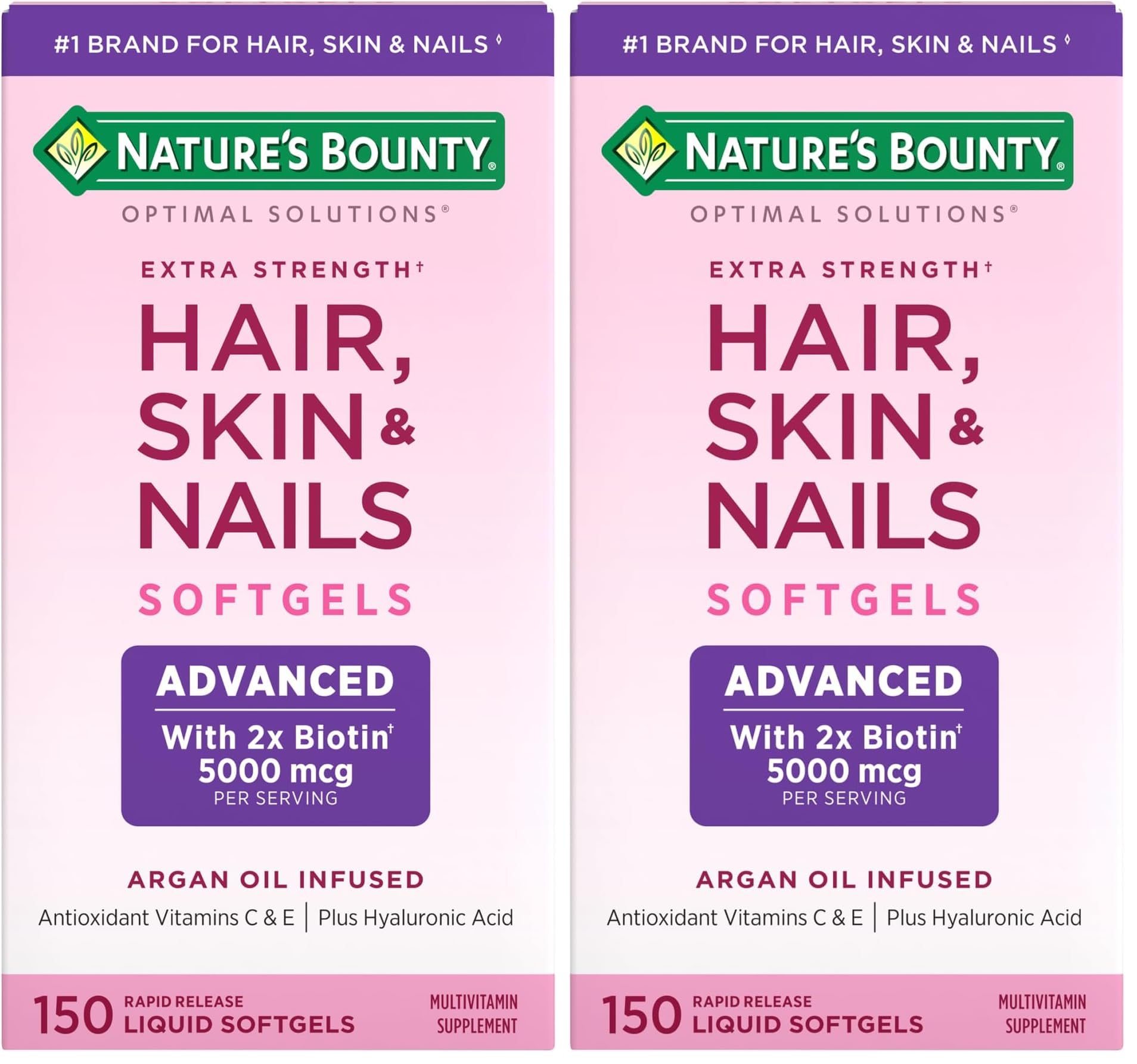 Nature's Bounty Advanced Hair, Skin & Nails, Argan-Infused Vitamin Supplement with Biotin and Hyaluronic Acid, 150 Rapid Release Softgels (Pack of 2)