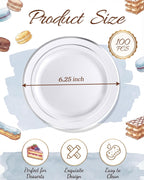 bUCLA 100Pieces Silver Plastic Plates - 6.25inch White with Silver Rim Disposable Salad/Dessert/Appetizer/Small Cake Plates for Weddings, Parties&Gathering