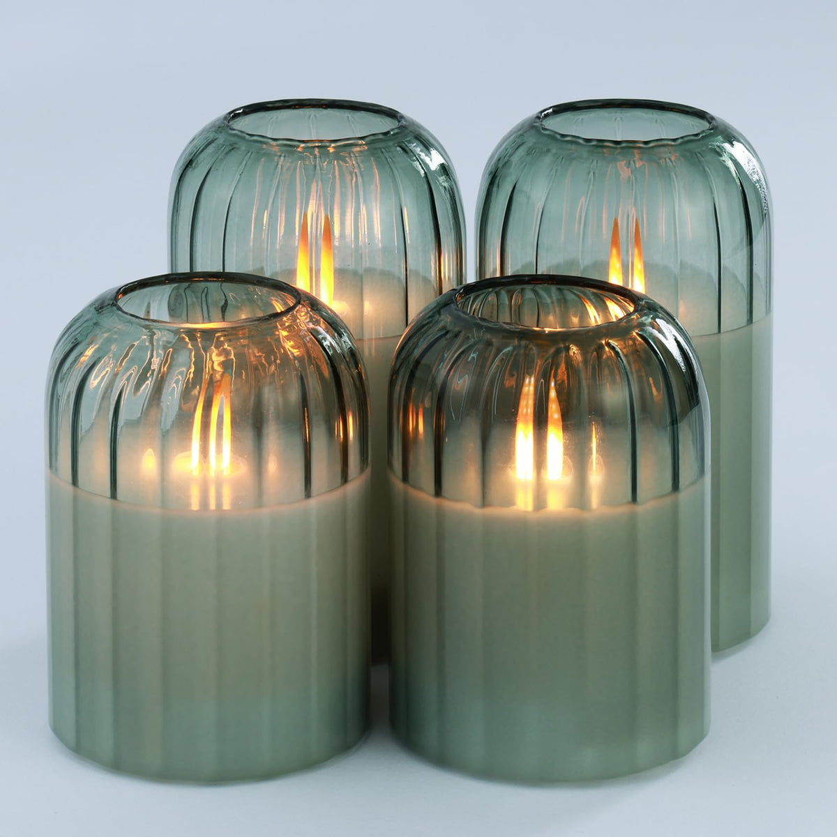 Lezonic Green Glass Flameless Candles with Remote, Set of 4 Dancing Flame LED Pillar Candles, Real Wax Battery Operated Candles with 2/4/6/8H Timer, Fall Halloween Thanksgiving Christmas Decor