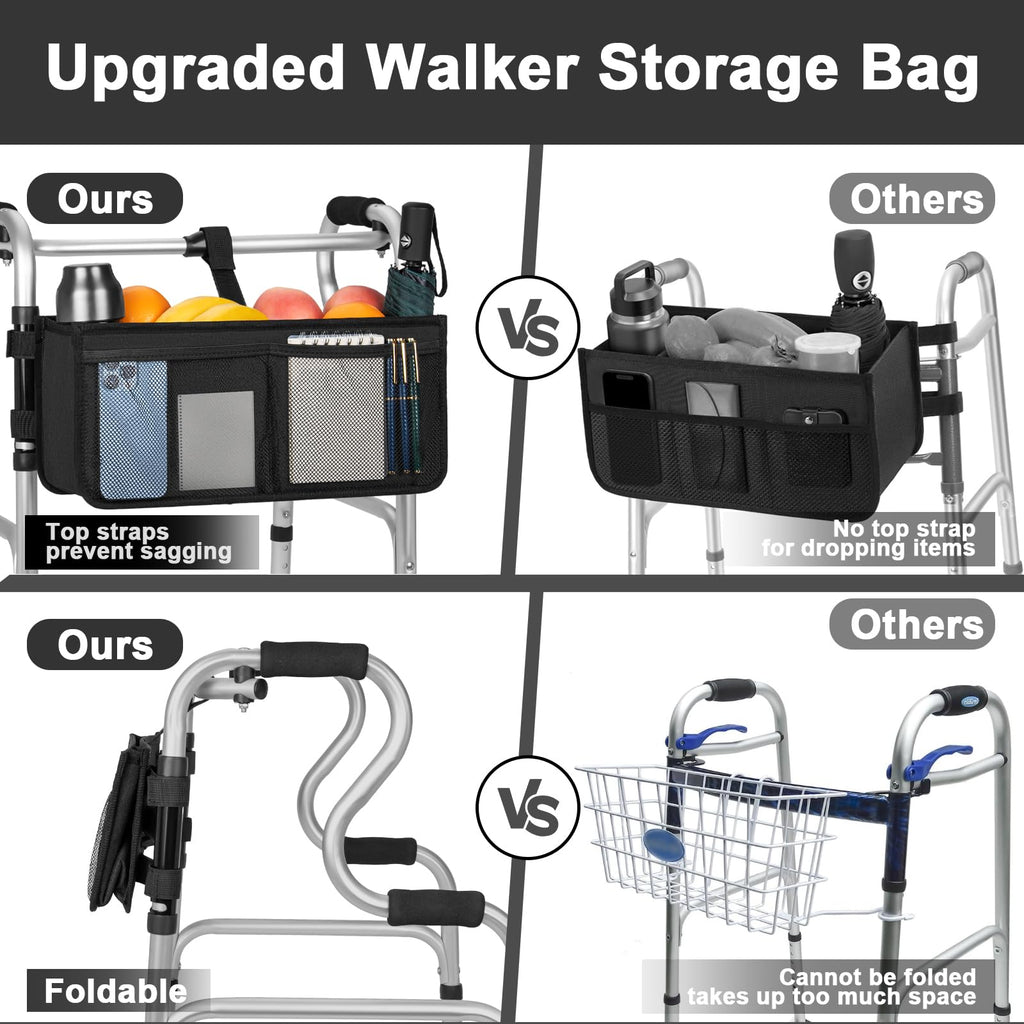 FREEAMG Walker Basket for Folding Walker, Large Capacity Foldable Walker Bag, Walker Storage Bag With Cup Holder, Detachable Walker Accessories Basket for Seniors (Black)